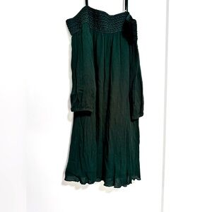 emerald green off shoulder dress.